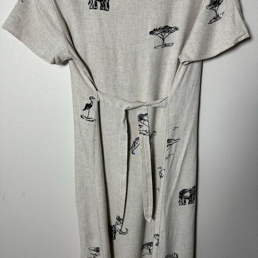 Vintage 90s Connie Choy Safari Animal Print Midi Dress Rayon Linen Tie Waist S M - Picture 12 of 16